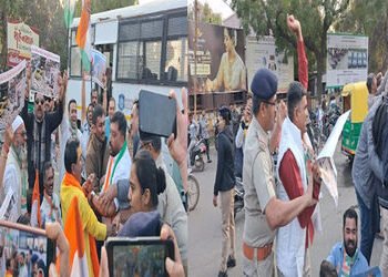 જામનગરના લાલ બંગલા સર્કલમાં કોંગ્રેસ દ્વારા ઉત્તરપ્રદેશના માધ મેળા સાધુ સંતોના અપમાનના સંદર્ભમાં રસ્…