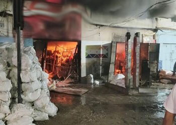 વિરમગામના ગોળ પીઠામાં કલરની દૂકાનમાં આગઃ લાખોનો સામાન રાખ | Fire breaks out at paint shop in Viramga…