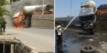 VIDEO: વાપીમાં અકસ્માત બાદ ભીષણ આગ, સળગતું કન્ટેઇનર બ્રિજ પર લટકી ગયું | Container Catches Fire Afte…