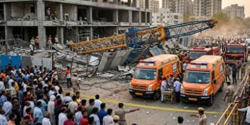 અમદાવાદમાં ઇસ્કોન-આંબલી રોડ પર મોટી દુર્ઘટના, ક્રેનનો કેબલ તૂટતા બે શ્રમિકો પટકાયા, એકનું મોત | Cons…